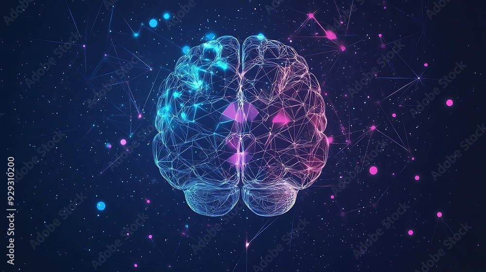 Fototapeta premium Abstract polygonal brain with glowing neurons on a dark blue background.