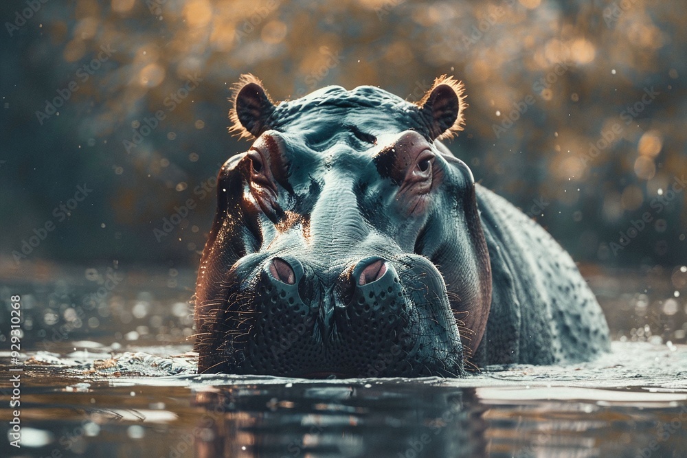 Fototapeta premium Majestic hippo emerging from water with golden sunlit background