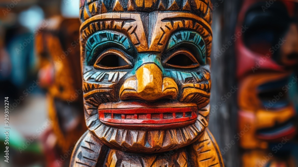 Fototapeta premium Colorful wooden totem with intricate carvings, displaying vibrant hues and detailed facial features.