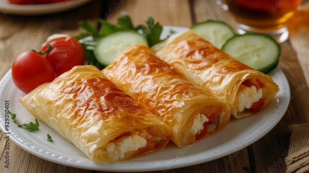 Burek cheese-filled. Delicious and fresh, accompanied by a glass of tea and served on a white platter with tomatoes and cucumber. Burek cheese-filled. Delicious and fresh, accompanied by a glass of tea and served on a white platter with tomatoes and cucumber.