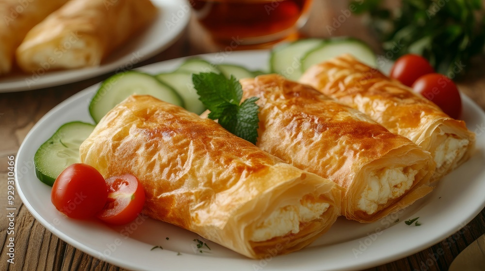 Burek cheese-filled. Delicious and fresh, accompanied by a glass of tea and served on a white platter with tomatoes and cucumber. Burek cheese-filled. Delicious and fresh, accompanied by a glass of tea and served on a white platter with tomatoes and cucumber.