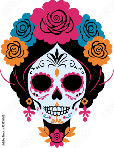 Catrina head. Woman sugar skull. Mexican Day of the Dead. Vector isolated illustration