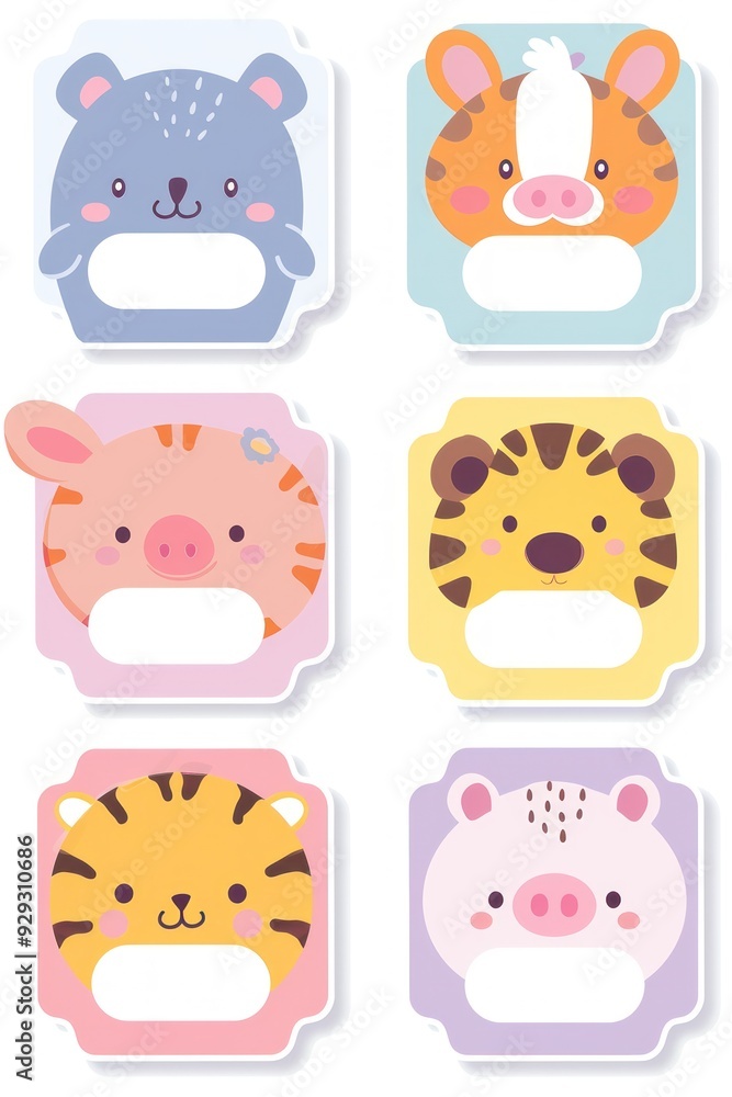 Cute cartoon animal stickers featuring a bear, tiger, pig, and cow in playful, colorful designs.