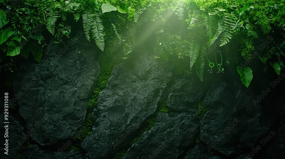 Fototapeta premium Lush greenery and textured stone create a serene natural scene, perfect for nature lovers and environmental themes.