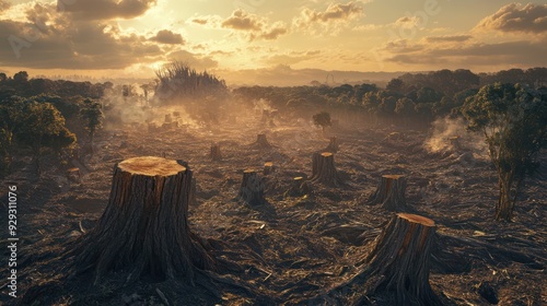 A deforested landscape at sunset, showcasing felled tree stumps in a desolate setting. photo