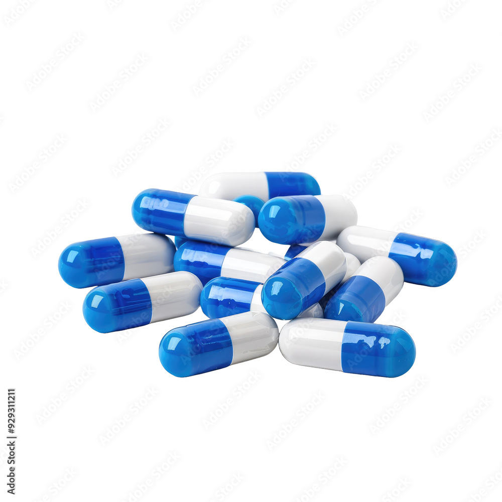 Blue-white antibiotic capsule pills on white background Blue-white antibiotic capsule pills on white background