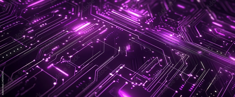 Abstract purple glowing circuit board with intricate pathways and lines. Abstract purple glowing circuit board with intricate pathways and lines.