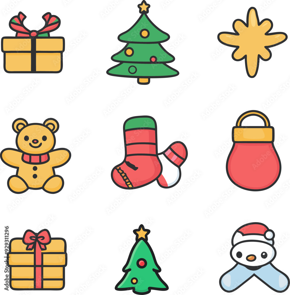Christmas icons set in primary colors, Christmas icon set vector with a cotton cartoon style. Christmas icons set in primary colors, Christmas icon set vector with a cotton cartoon style.