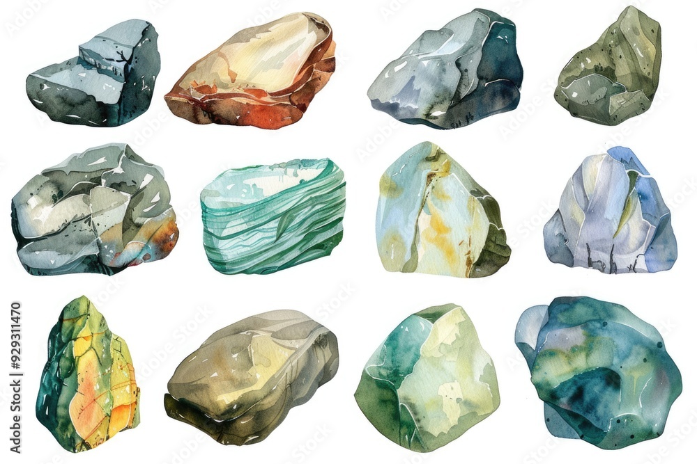 Watercolor Illustration of Isolated Stone Set on White Background Watercolor Illustration of Isolated Stone Set on White Background