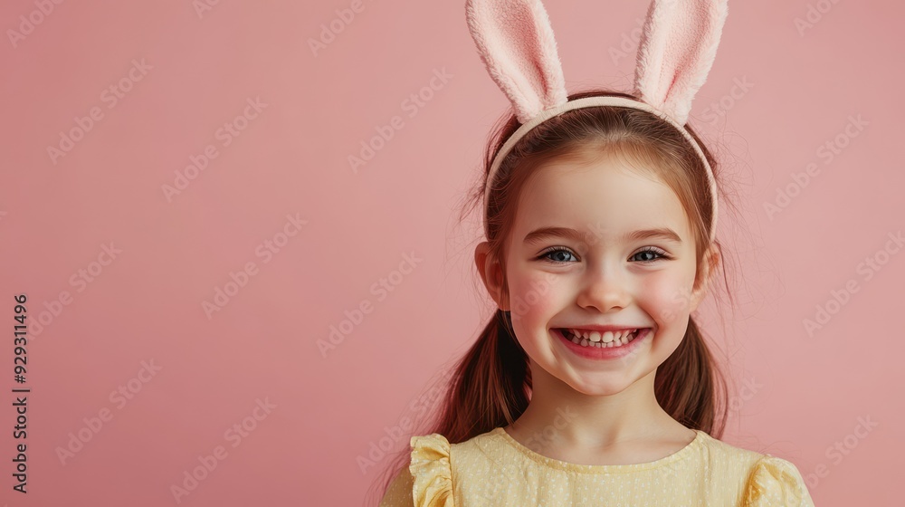 Smiling Caucasian girl wearing bunny ears against a pink background. Smiling Caucasian girl wearing bunny ears against a pink background.