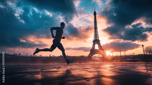 A determined male runner races past the iconic Eiffel Tower at sunrise, surrounded by dramatic clouds and a vibrant sky.