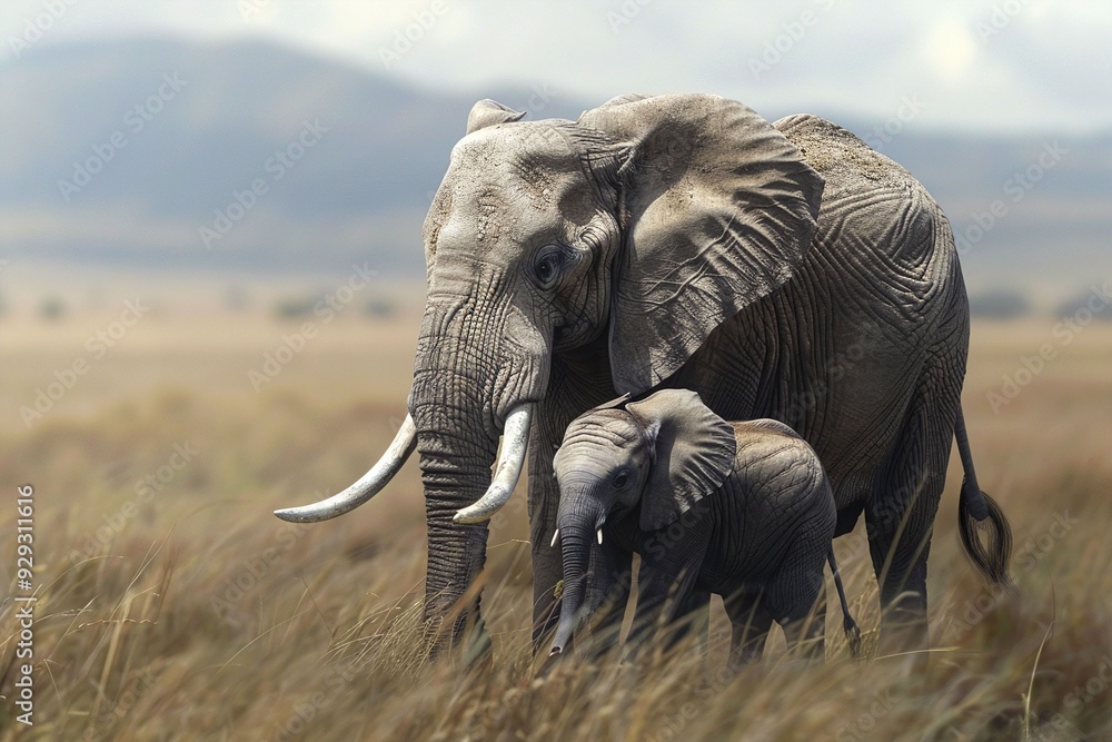 Fototapeta premium African elephant mother and calf walking through savanna grassland