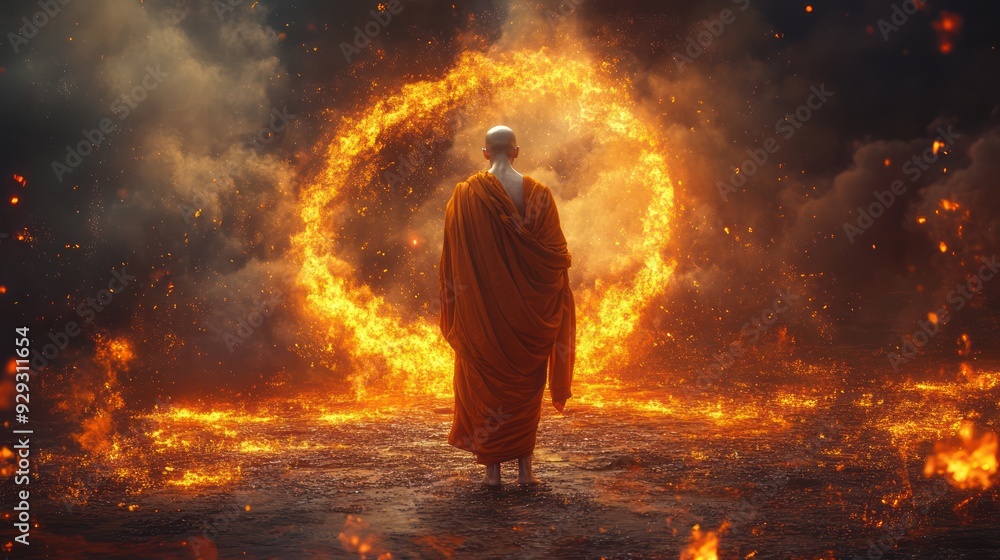 A serene monk stands amidst a fiery backdrop, embodying tranquility in chaos. A serene monk stands amidst a fiery backdrop, embodying tranquility in chaos.