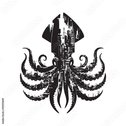 silhouette of Squid filled with destroyed futuristic dystopia environment in rough drawing