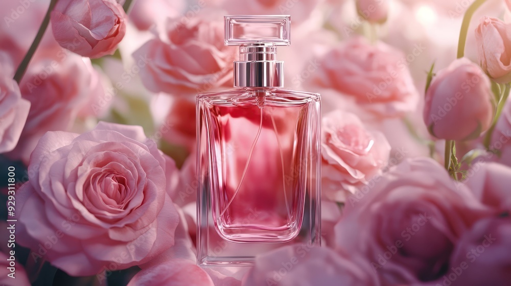 A crystal-clear perfume bottle surrounded by soft pink roses, creating a romantic and elegant atmosphere. A crystal-clear perfume bottle surrounded by soft pink roses, creating a romantic and elegant atmosphere.