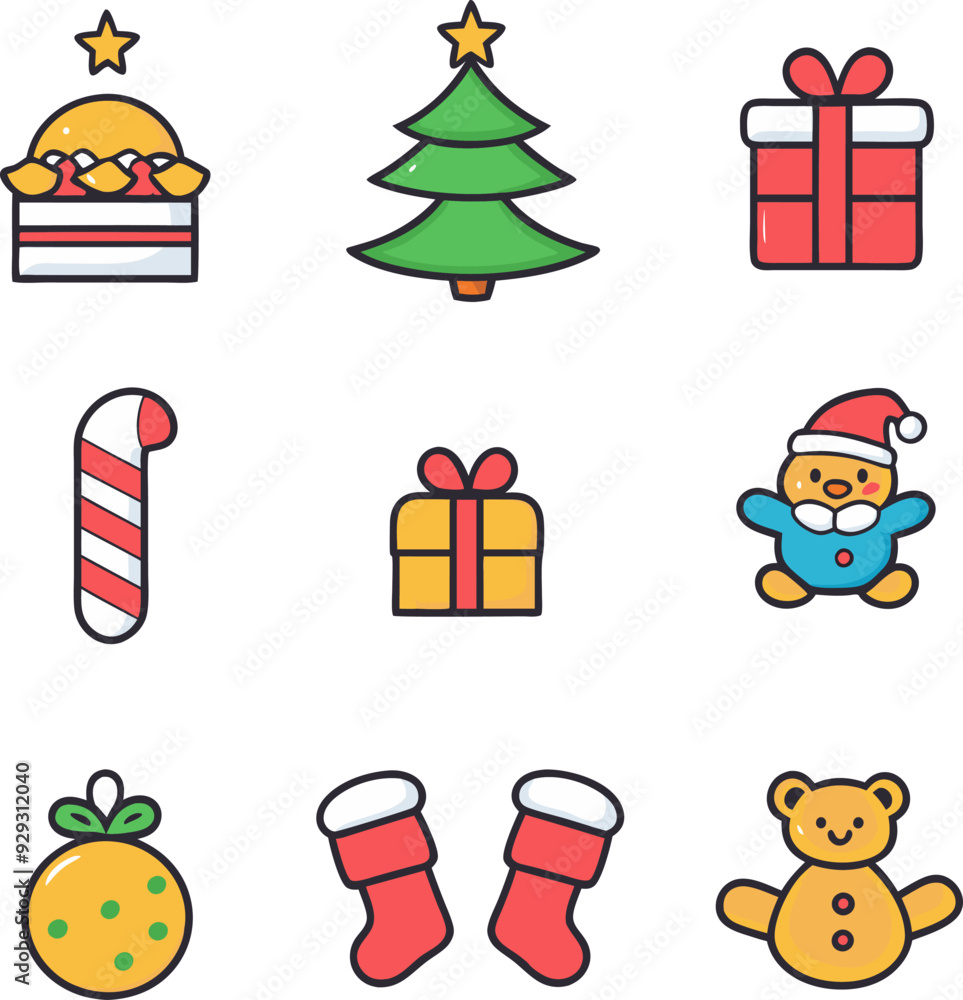 Christmas icons set in primary colors, Christmas icon set vector with a cotton cartoon style. Christmas icons set in primary colors, Christmas icon set vector with a cotton cartoon style.