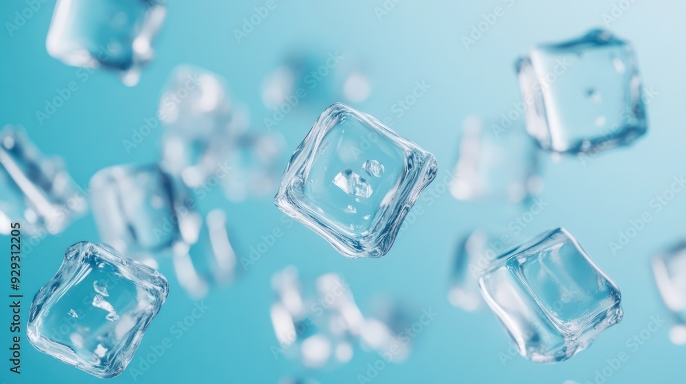 Floating ice cubes in a cool blue background, capturing a refreshing and crisp atmosphere. Floating ice cubes in a cool blue background, capturing a refreshing and crisp atmosphere.