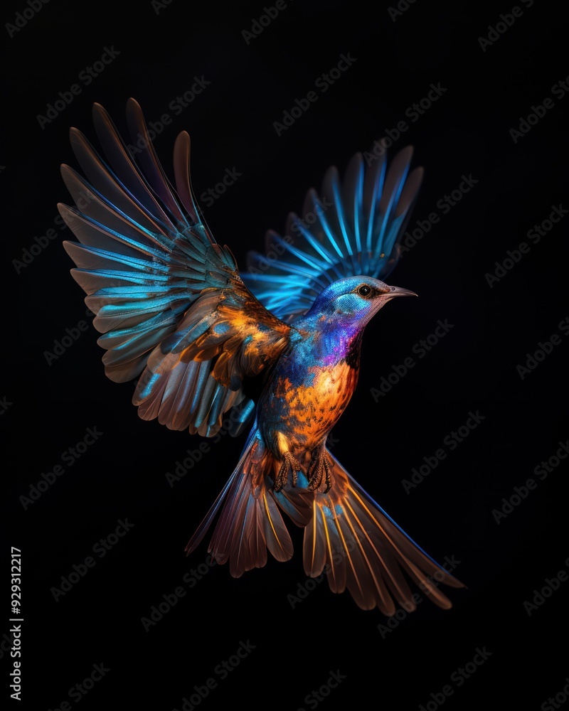 Obraz premium A stunning bird with iridescent feathers soaring gracefully against a dark backdrop.