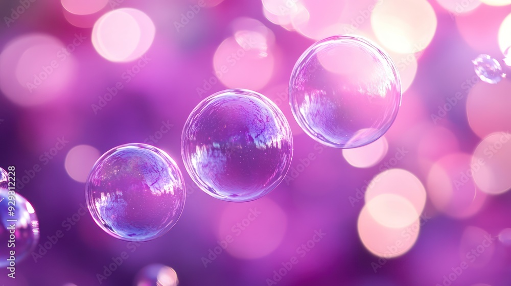 Three floating soap bubbles against a dreamy purple bokeh backdrop, creating a serene and whimsical atmosphere. Three floating soap bubbles against a dreamy purple bokeh backdrop, creating a serene and whimsical atmosphere.