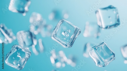 Floating ice cubes in a cool blue background, capturing a refreshing and crisp atmosphere.