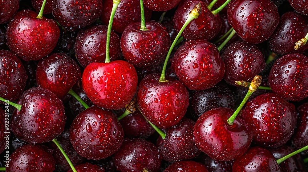 A photo of closely cropped cherries with water droplets on top and bottom A photo of closely cropped cherries with water droplets on top and bottom
