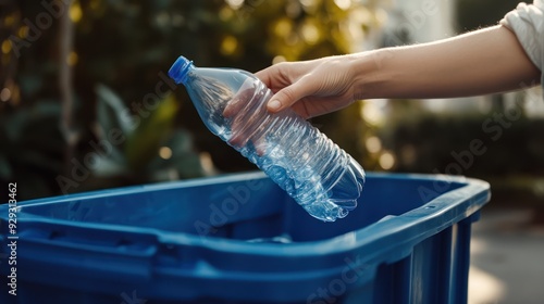 Wallpaper Mural A woman discards a used plastic water bottle into a recycling bin, promoting eco-friendly habits. Torontodigital.ca
