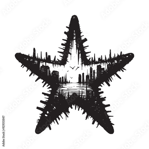 silhouette of starfish filled with destroyed futuristic dystopia environment in rough drawing