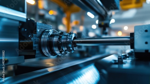 Close-up of a precision metal machining process in a modern factory, showcasing intricate details of machinery and components.