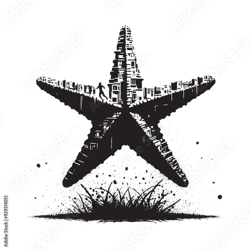 silhouette of starfish filled with ghetto street in rough drawing