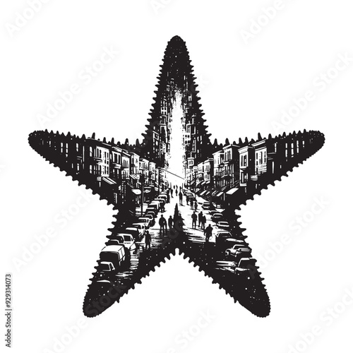 silhouette of starfish filled with ghetto street in rough drawing
