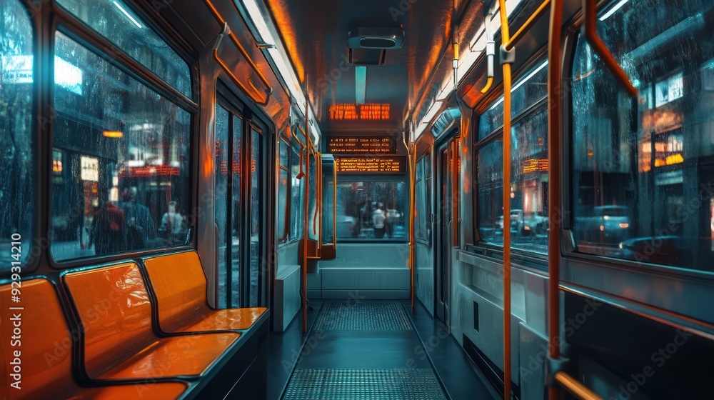 Empty subway car reflecting vibrant orange hues under rain-soaked windows, creating a moody urban atmosphere. Empty subway car reflecting vibrant orange hues under rain-soaked windows, creating a moody urban atmosphere.
