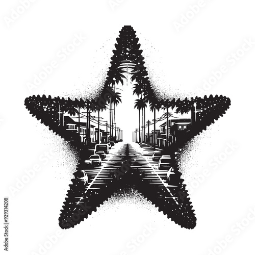 silhouette of starfish filled with ghetto street in rough drawing