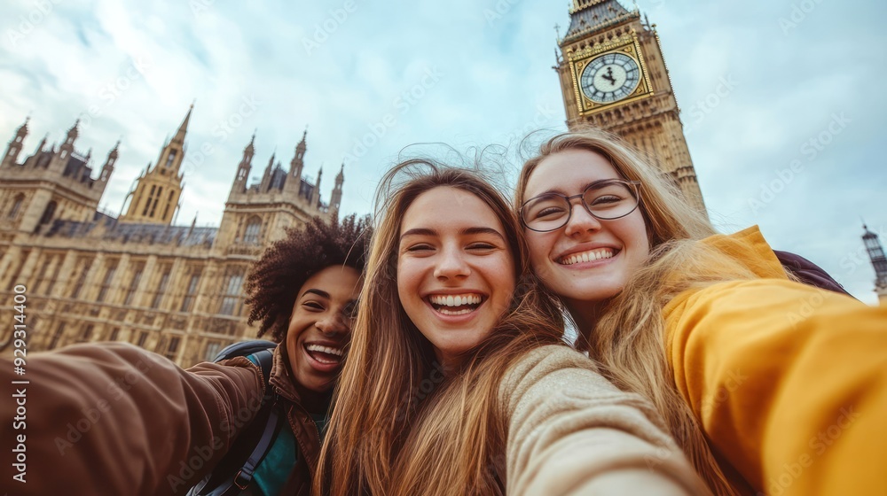 Fototapeta premium Three young women of diverse ethnicities enjoy a cheerful selfie in front of a historic clock tower.