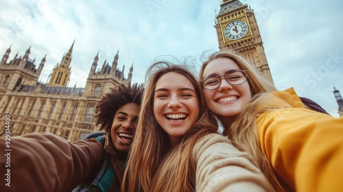 Three young women of diverse ethnicities enjoy a cheerful selfie in front of a historic clock tower.