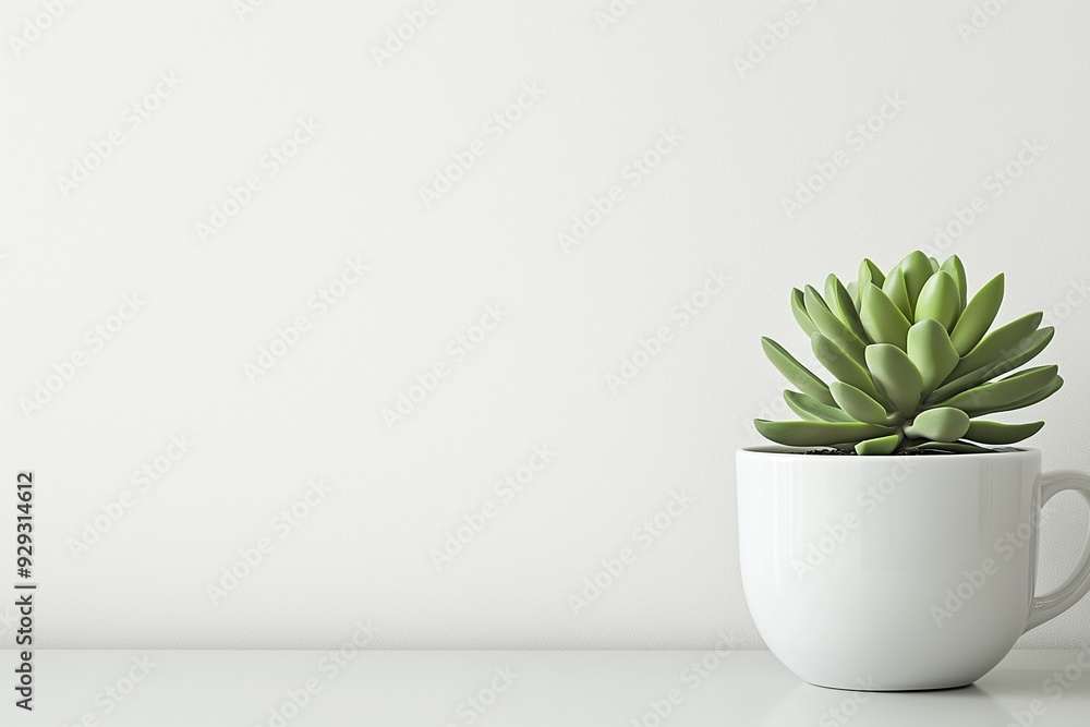 A succulent plant is placed in a white cup on a white minimalist surface, creating a calm and clean modern aesthetic. A succulent plant is placed in a white cup on a white minimalist surface, creating a calm and clean modern aesthetic.