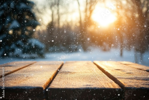 The empty wooden table top with blur background of Winter Snow. Exuberant image golden sunshine with generative ai