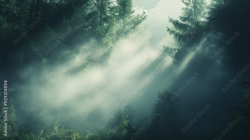 A serene forest scene with mist and sunlight filtering through trees. A serene forest scene with mist and sunlight filtering through trees.