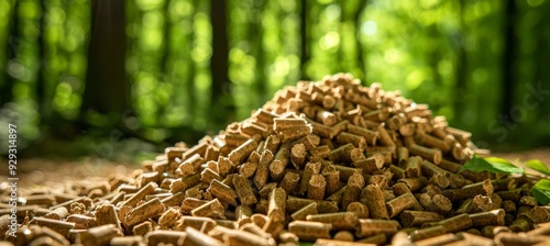 Wood pellet production impact  deforestation illustrated in forest scene with pile of pellets photo