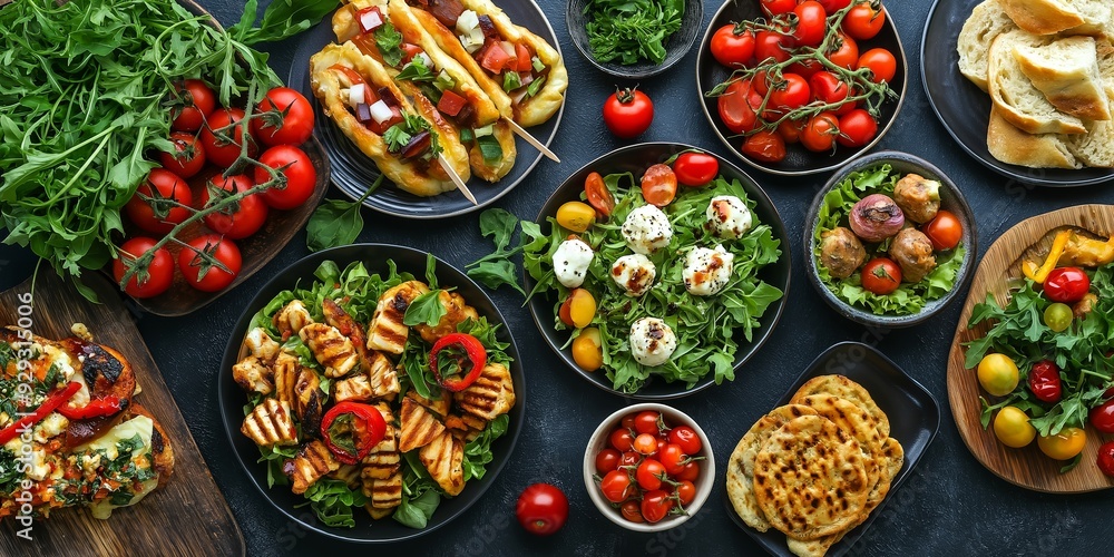 An array of Mediterranean dishes featuring tomatoes, greens, cheeses, meats, and breads served on a dark table. An array of Mediterranean dishes featuring tomatoes, greens, cheeses, meats, and breads served on a dark table.