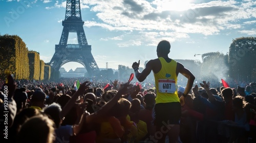 A male runner celebrates as he approaches the finish line in front of the Eiffel Tower during a vibrant marathon event. photo