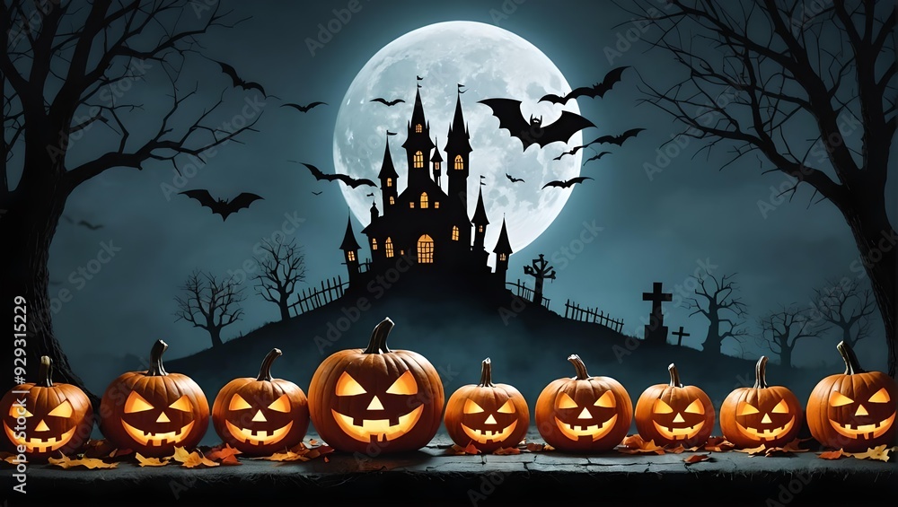 Fototapeta premium Halloween wallpaper, pumpkins illustration with a haunted castle in the background, jack o lantern with bats, spooky october