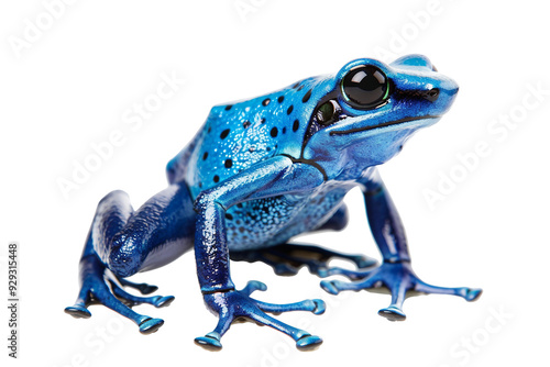 Blue poison dart frog isolated on clear white background showcasing its vibrant coloration.