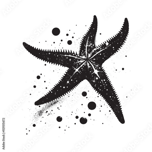 silhouette of starfish filled with space and sci-fi element in rough drawing