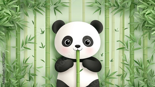   A pand bear holds a bamboo stalk in front of a bamboo wall adorned with leaves on either side photo