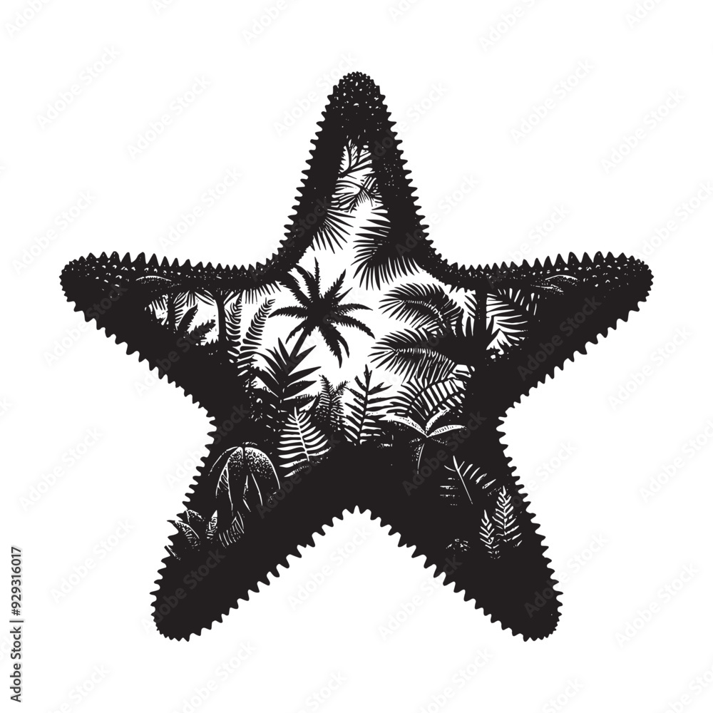 silhouette of starfish filled with tropical plant in the jungle in rough drawing silhouette of starfish filled with tropical plant in the jungle in rough drawing