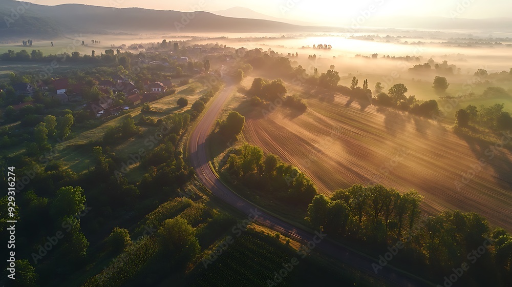 Obraz premium Aerial view of a winding road through a misty valley at sunrise.