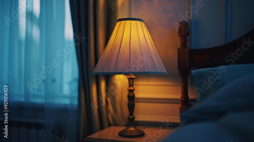 Warm light from a table lamp on a bedside table in a bedroom