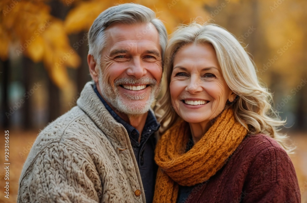 Happy Senior Couple Embracing in Autumn Park - Cozy Fall Outdoor Portrait Happy Senior Couple Embracing in Autumn Park - Cozy Fall Outdoor Portrait