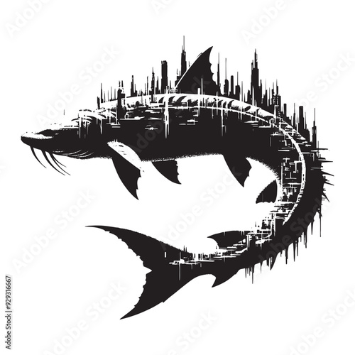 silhouette of Sturgeon filled with destroyed futuristic dystopia environment in rough drawing