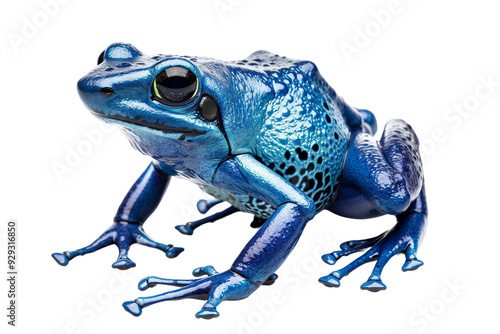 Exotic blue poison dart frog isolated on clear white background displaying its toxic beauty.